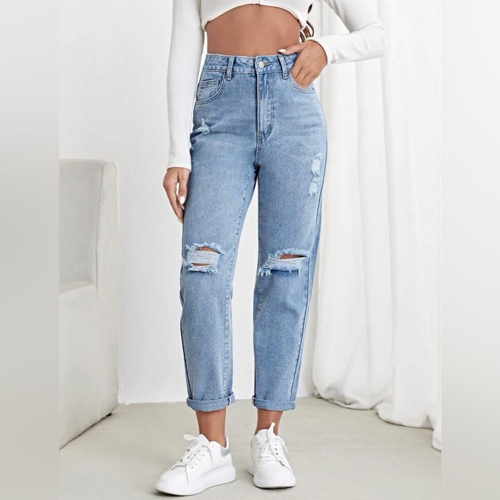 Shein High Waisted Ripped Light Wash Jeans